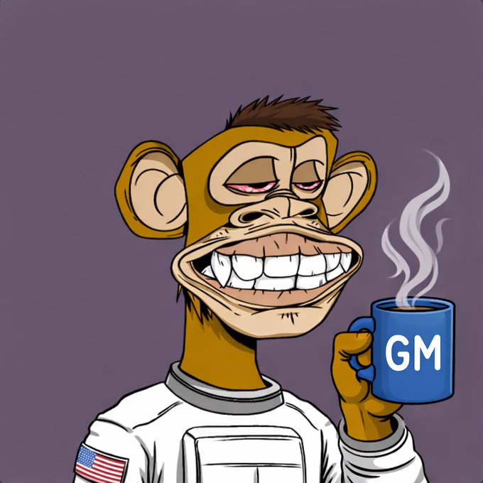 A cartoon Bored Ape-style monkey in an astronaut suit holding a steaming blue mug labeled "GM" against a purple background.