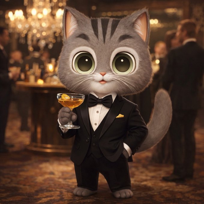 The image features a cartoon cat dressed in a tuxedo, holding an empty champagne glass with a small amount of liquid inside. The cat appears to be standing in front of a bar or dining area where people are seated at tables enjoying their time. There is also a person visible in the background who seems to be observing the scene. The post that accompanies this image reads: "Hormuz? Never heard of her $BOBA".