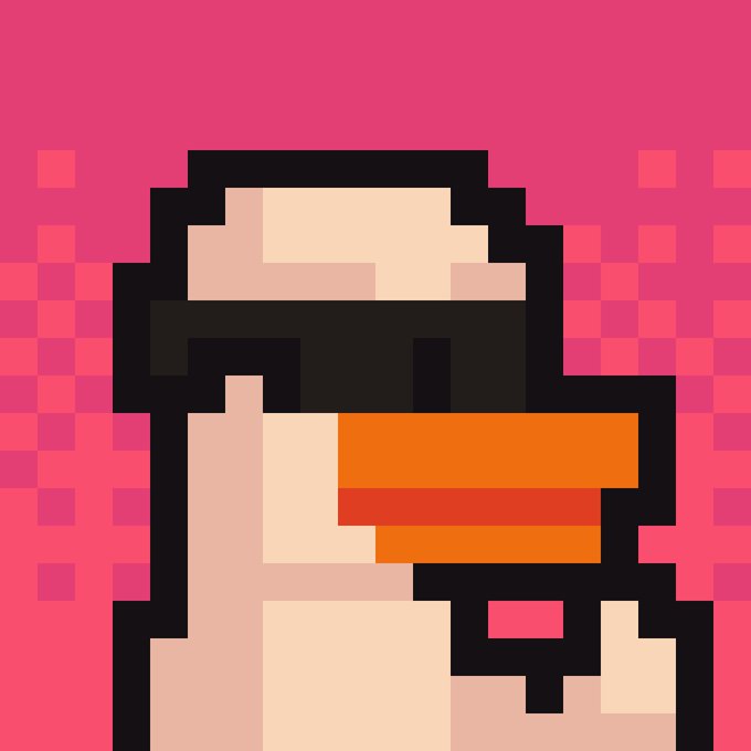 A pixel art NFT depicting a character with a red cross or plus sign design on a bright pink checkered background.