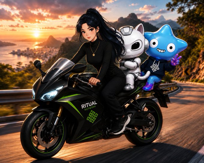 Anime-style illustration of a girl riding a black motorcycle branded 'Ritual Network' along a coastal sunset road, accompanied by a white cat and blue star mascots.