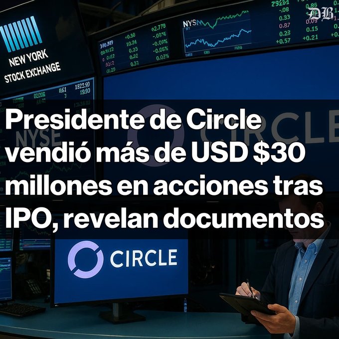 A news headline in Spanish reads 'Presidente de Circle vendió más de USD $30 millones en acciones tras IPO, revelan documentos,' displayed over a New York Stock Exchange background with the Circle logo.