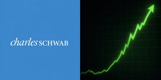 The Charles Schwab logo is displayed alongside a glowing green upward-trending arrow chart, symbolizing the firm's expected entry into Solana ($SOL) and Chainlink ($LINK) trading services—a move that aligns with the post's claim of major institutions embracing altcoins.