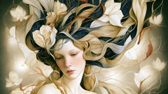 An artistic portrait depicts a woman with closed eyes surrounded by white flowers and flowing ribbons in a soft, dreamlike style.