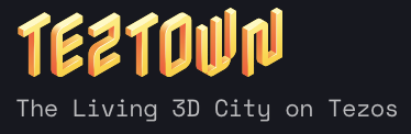 A logo graphic reading 'TEZTOWN' with the tagline 'The Living 3D City on Tezos'.