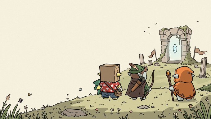 Cartoon illustration of three small characters—a block-headed figure, an archer, and a hooded figure with a staff—standing before an ancient stone portal in a grassy landscape.
