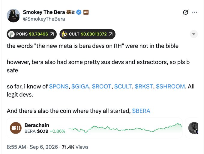 A tweet from Smokey The Bera (@SmokeyTheBera) posted at 8:55 AM Sep 6, 2026, discussing Berachain ($BERA) ecosystem coins including $PONS, $GIGA, $ROOT, $CULT, $RKST, and $SHROOM, noting their legitimacy while advising caution.