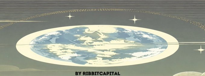 The image depicts a stylized flat earth surrounded by a celestial ring with stars, featuring the text "BY RIBBBITCAPITAL" at the bottom. This reinforces the post's message that $TIBBIR's flat earth cover image on Dexscreener has been an early hint predicting the Robinhood Chain launch over a year in advance.