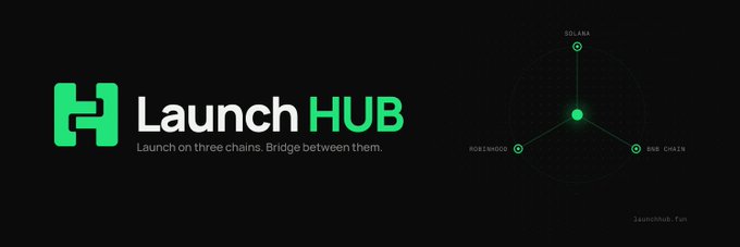 A logo banner for 'Launch HUB' with the tagline 'Launch on three chains. Bridge between them,' featuring a network diagram connecting SUI, ROSEWOOD, and BNB CHAIN.