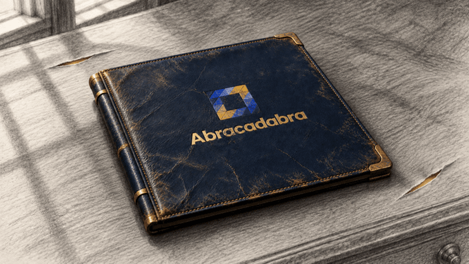 A worn, dark blue leather-bound book titled "Abracadabra" with a colorful logo rests on a wooden surface.