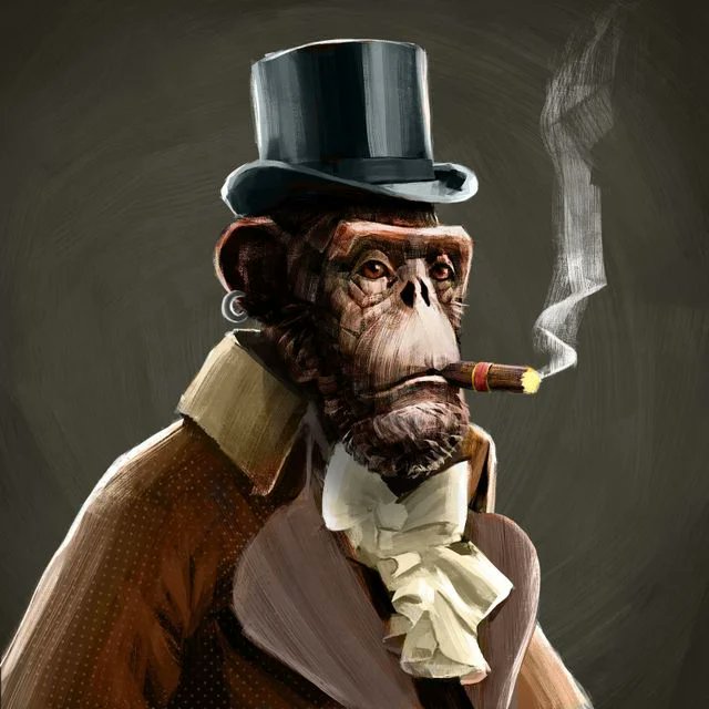 Digital painting of a chimpanzee wearing a black top hat, Victorian-style coat, and white ruffled cravat, smoking a lit cigar with smoke rising into the dark background.