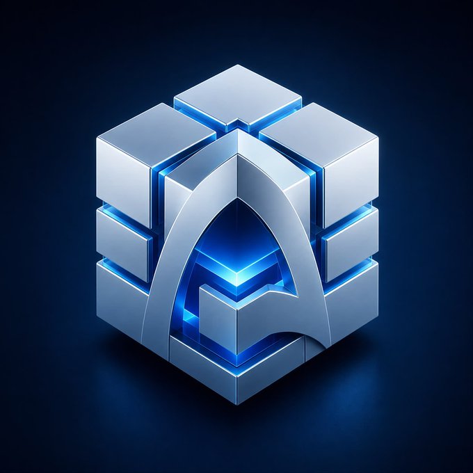 A 3D metallic cube logo with blue neon glow accents, featuring an arched design element in the center.