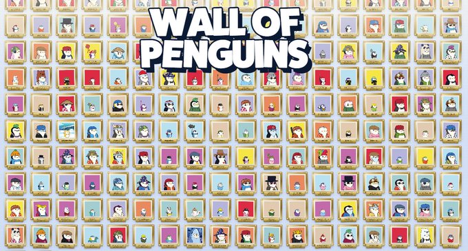 A grid display featuring numerous small character portraits with the large text 'WALL OF PENGUINS' at the top center.