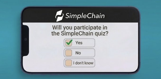 A mockup of a smartphone screen displaying 'SimpleChain' with a poll asking 'Will you participate in the SimpleChain quiz?' with 'Yes' (checked), 'No', and 'I don't know' options.