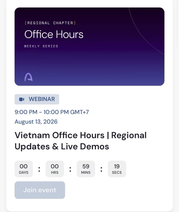 A digital event card for "Office Hours" with a countdown timer showing 00 days, 00 hours, 59 minutes, and 19 seconds until the webinar begins. The event, titled "Vietnam Office Hours | Regional Updates & Live Demos," is scheduled for 9:00 PM - 10:00 PM GMT+7 on August 13, 2026, with a "Join event" button at the bottom—promoting the upcoming session #4 for the Vietnam community featuring regional updates and live DApp demos.