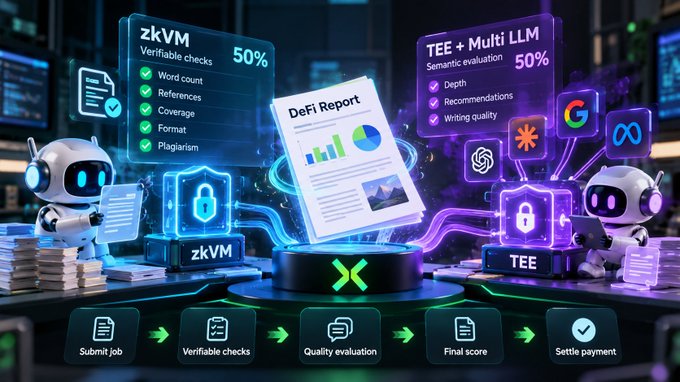 A futuristic infographic illustrates a 'DeFi Report' evaluation process using 'zkVM' (Verifiable checks: Word count, References, Coverage, Format, Plagiarism at 50%) and 'TEE + Multi LLM' (Semantic evaluation: Depth, Recommendations, Writing quality at 50%), with a workflow showing Submit job → Verifiable checks → Quality evaluation → Final score → Settle payment.