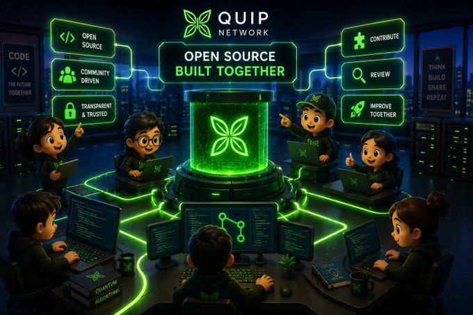 A vibrant illustration shows cartoon developers gathered around a glowing "QUIP NETWORK" server labeled "OPEN SOURCE BUILT TOGETHER," working on laptops and codebooks with connecting green lines representing the network. The image visually reinforces the post's message about Quip Network's commitment to transparency, community collaboration, and open-source quantum computing development, highlighting features like "OPEN SOURCE," "COMMUNITY DRIVEN," "TRANSPARENT & TRUSTED," "CONTRIBUTE," "REVIEW," and "IMPROVE TOGETHER."
