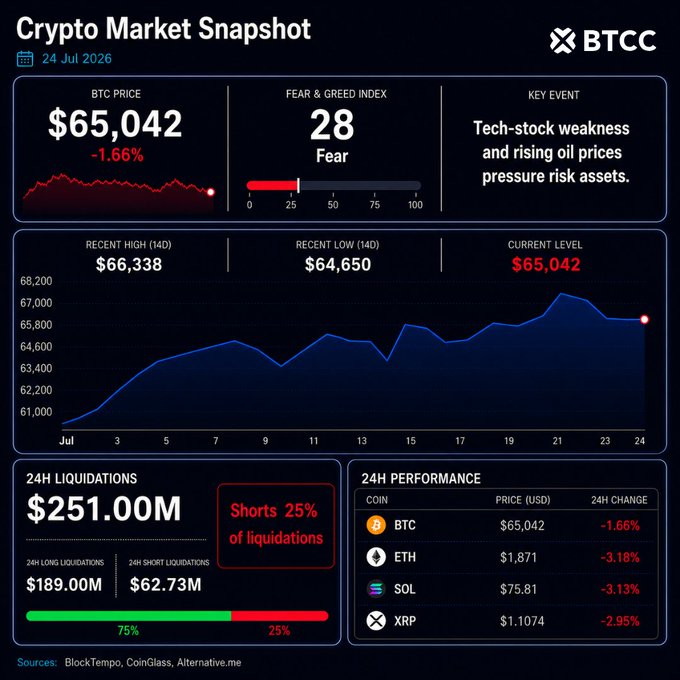 Crypto Market Snapshot dashboard from BTCC dated 24 Jul 2026 showing BTC price at $65,042 (-1.66%), a Fear & Greed Index of 28 (Fear), and noting tech-stock weakness and rising oil prices as the key event. The 14-day price chart ranges from a low of $64,650 to a high of $66,338, with 24H liquidations of $251.00M (75% longs, 25% shorts) and declines across BTC, ETH (-3.18%), SOL (-3.13%), and XRP (-2.95%).