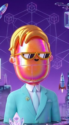 A stylish 3D-rendered character with golden hair, sunglasses, and a teal suit poses confidently against a purple, tech-inspired backdrop featuring rockets, satellites, and geometric wireframes—visually echoing the post's "GM legends" sentiment of seizing each new day to discover the next standout opportunity.