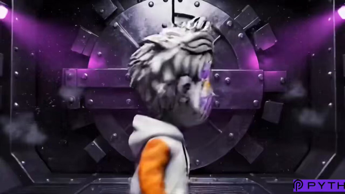 The image features a cartoon character wearing an orange and white striped shirt standing next to a large metal door with a keyhole. The character appears to be looking into the keyhole or peering through the door, possibly seeking something out of reach. The background is dark purple, which contrasts with the bright colors of the character's outfit. The image also contains text that reads "Tariffs rising. Supply chains breaking. Climate volatility everywhere Now @PythNetwork and @PythData are bringing Cocoa, Coffee, Raw Sugar, and Live Cattle futures onchain From BTC to beef cattle, the price of everything is becoming accessible through one API, one subscription".