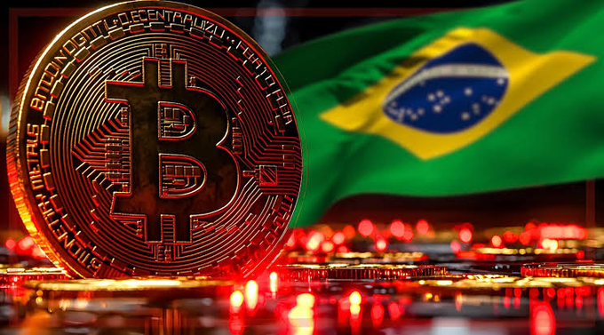 A Bitcoin coin displayed in front of the Brazilian flag, representing cryptocurrency in Brazil.