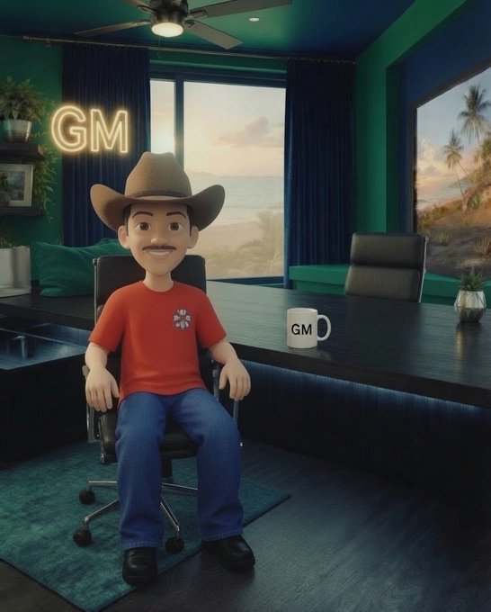 A 3D animated character wearing a cowboy hat and red shirt sits at a desk in a modern office with green walls, neon 'GM' sign, and a mug labeled 'GM'.