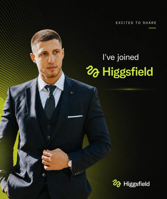 The image shows a man in a dark navy three-piece suit with a polka dot tie, posing confidently against a black background with green wave-like accents. The text reads "EXCITED TO SHARE — I've joined Higgsfield," along with the Higgsfield logo, visually promoting his new role as CPP Community Manager at the company.