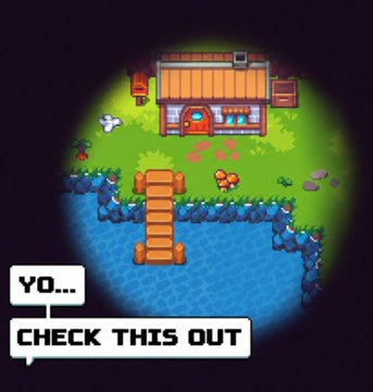 A pixel-art game scene shows a character near a wooden bridge over water in front of a small house, with text bubbles reading 'YO...' and 'CHECK THIS OUT'.