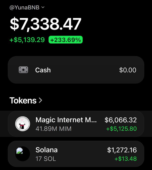 A crypto portfolio screenshot for @YunaBNB showing a total value of $7,338.47 (+$5,139.29, +233.69%), with holdings primarily in 41.89M Magic Internet Money ($MIM) valued at $6,066.32 and 17 Solana (SOL) valued at $1,272.16, illustrating the user's post about continuing to hold their $MIM position.