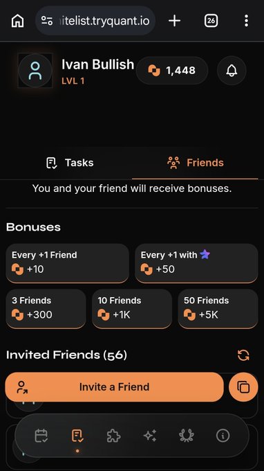 A mobile web page on 'itelist.tryquant.io' for user 'Ivan Bullish' (LVL 1) showing a Friends tab with referral bonuses ranging from +10 for every friend to +5K for 50 friends, and an 'Invite a Friend' button.
