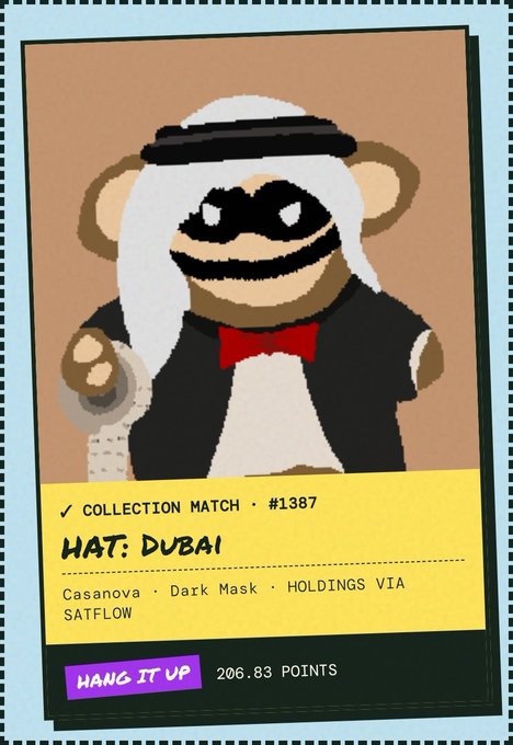 A digital trading card featuring a cartoon character wearing a white 'Dubai' hat, black mask, and red bow tie, with text indicating 'COLLECTION MATCH #1387', traits like 'Casanova', 'Dark Mask', 'HOLDINGS VIA SATFLOW', a 'HANG IT UP' tag, and '206.83 POINTS'.