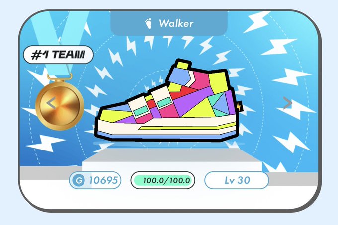 The image features a colorful, cartoon-style shoe with various colors and patterns. It appears to be a sneaker or athletic shoe design. The background of the image has blue and white stripes, creating an interesting visual effect. The text "1 team" is written in black at the top left corner, while "walker" is displayed on the right side of the image. Additionally, there are two gold medals placed next to each other, suggesting that this shoe design might be a winner or a high-achieving athlete's choice.
