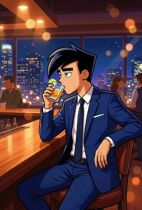 A stylish anime man in a sharp blue suit sips a cocktail at a rooftop bar overlooking a glowing city skyline at night, capturing a sophisticated, "after-hours" vibe that contrasts with the crypto airdrop promotional text promoting Commonsmade's $0 reward for the first 1,000 leaderboard participants.