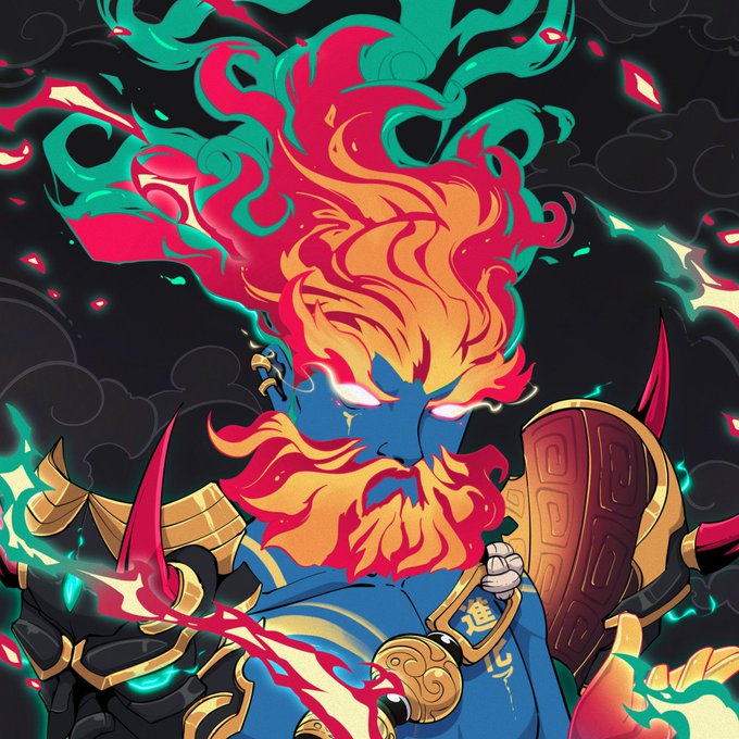 An anime-style illustration of a blue-skinned warrior with fiery red and orange hair and beard, wearing armor and surrounded by flames.