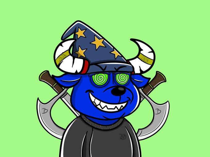 A cartoon illustration of a blue character with white horns, spiral green eyes, a wide toothy grin, wearing a wizard hat and a black shirt with crossed axes behind it, set against a green background.