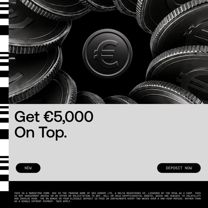 OKX cryptocurrency exchange advertisement featuring a 3D-rendered Euro coin, offering a €5,000 deposit bonus with fine print indicating it's a marketing communication from OKX Europe Ltd.