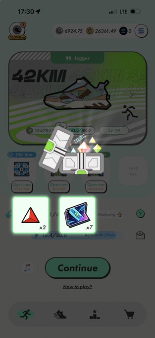 A mobile game screen showing a '42KM Jogger' sneaker NFT card at Level 29, with various upgrade materials and a green 'Continue' button.