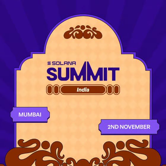 A promotional graphic for the Solana Summit India event in Mumbai on 2nd November, featuring purple and orange colors with decorative arched framing.
