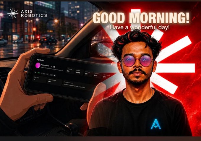 A promotional 'GOOD MORNING!' image from Axis Robotics featuring a young man with sunglasses beside a phone displaying a Portfolio app showing Kinesis ($13.77, +55.6%).