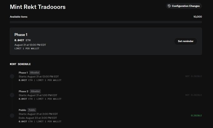 A mint schedule interface for 'Rekt Tradoors' NFT collection showing Phase 1 (Allowlist), Phase 2 (Allowlist), and Public sale phases at 0.0427 ETH each.