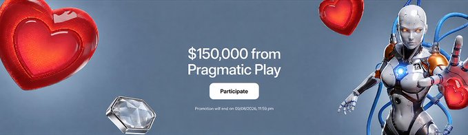 A promotional banner advertises a "$150,000 from Pragmatic Play" tournament, featuring a futuristic robot character alongside floating red hearts and a diamond, with a "Participate" button and an end date of 05/08/2026 at 11:59pm. The eye-catching design ties directly into the post's message about a major leaderboard opportunity, emphasizing the large prize pool and limited-time entry to encourage participation.