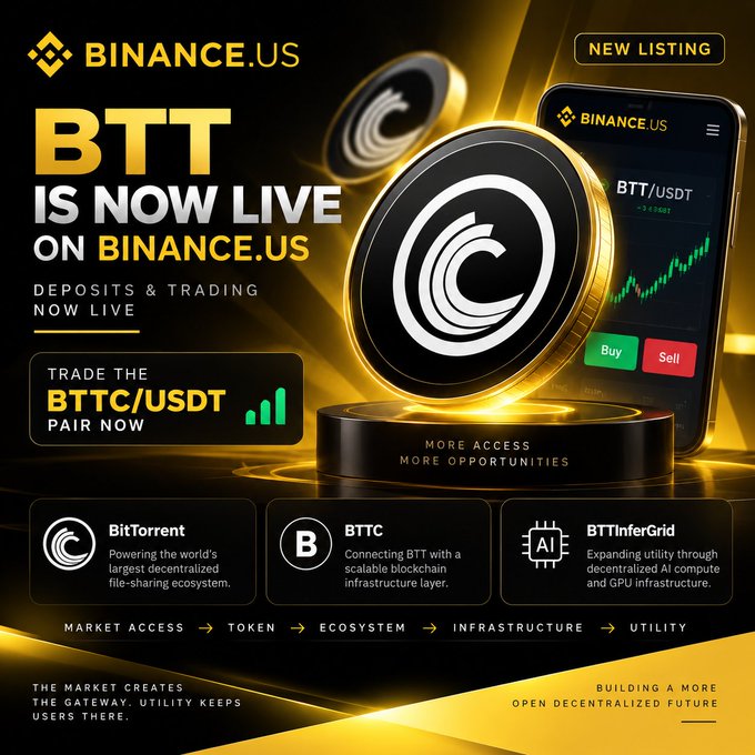 The image is a promotional graphic announcing BTT (BTTC/USDT) as a new listing on Binance.US, featuring a glowing BTT coin, a smartphone displaying trading charts, and tags highlighting "BitTorrent," "BTTC," and "BTTInferGrid" across the ecosystem. It aligns with the post's message by visually emphasizing market access as the entry point while showcasing utility through BitTorrent, BTTC's blockchain infrastructure, and BTTInferGrid's AI compute capabilities.