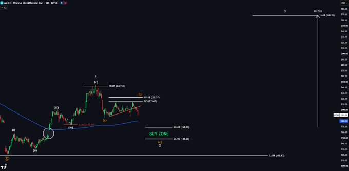 The image is a candlestick chart for MOH (Molina Healthcare) on a 1D timeframe, showing Elliott Wave analysis with labels marking waves (i), (ii), (iii), (iv), (v), and a "BUY ZONE" at the 0.618–0.786 Fibonacci retracement levels around $140–$148, with potential upside targets of $2.618 and $4.618 extensions reaching $206–$269.
