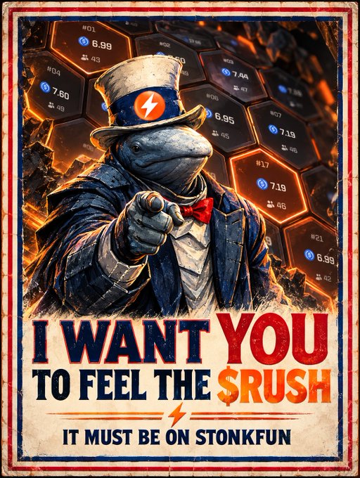 A vintage-style recruitment poster features a frog-like figure in a top hat and suit pointing forward, with the text 'I WANT YOU TO FEEL THE $RUSH — IT MUST BE ON STONKFUN' against a backdrop of hexagonal stock charts.