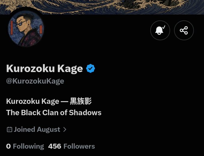 A Twitter/X profile for 'Kurozoku Kage' (@KurozokuKage), described as 'Kurozoku Kage — 黒族影 / The Black Clan of Shadows', shows the account joined in August with 456 followers.