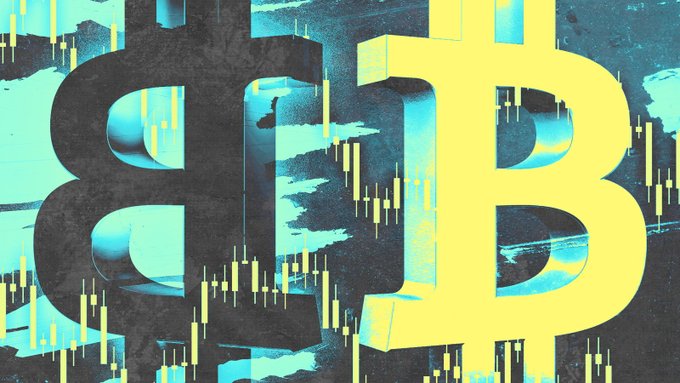 A stylized graphic featuring a large yellow Bitcoin '₿' symbol with financial candlestick charts and abstract blue textures in the background.