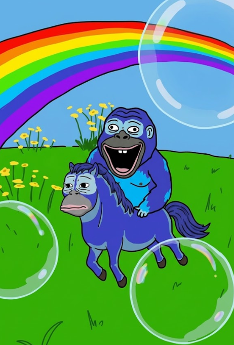 A colorful cartoon illustration shows a blue gorilla with a wide-open mouth riding on the back of a blue horse with a tired expression, set in a green field with flowers, a rainbow, and floating bubbles.
