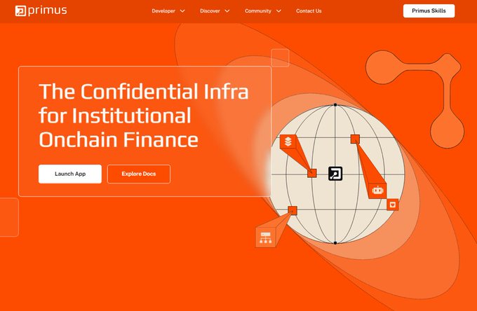 A website screenshot for 'primus' with the headline 'The Confidential Infra for Institutional Onchain Finance' and buttons to 'Launch App' and 'Explore Docs'.