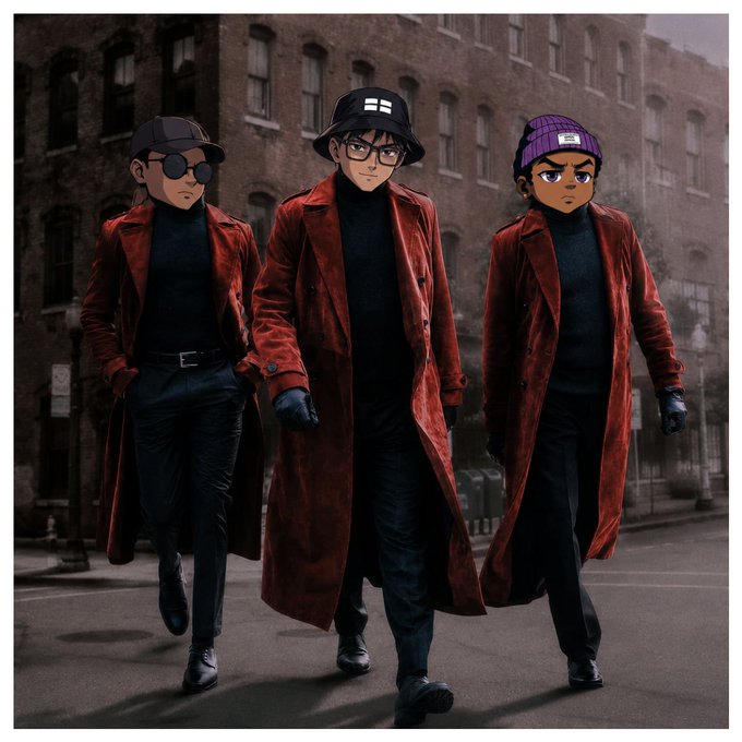 An anime-style illustration of three characters wearing matching red trench coats, black outfits, and caps walking down a city street.