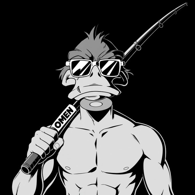 A black and white cartoon illustration of a muscular duck-like character wearing sunglasses and holding a fishing rod labeled 'OMEN'.