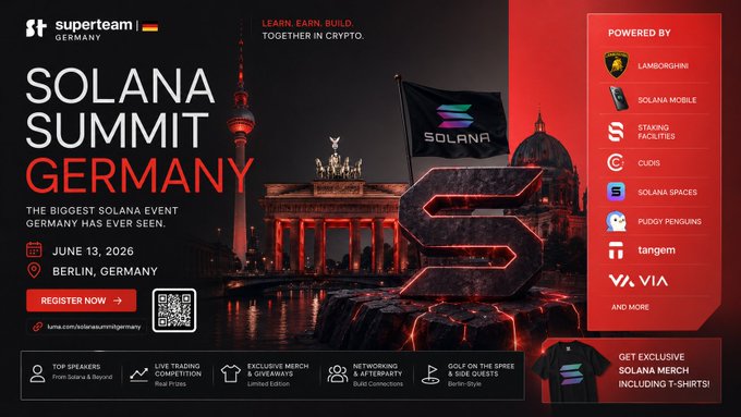 A red banner with a black logo for the Solana Summit Germany event, featuring a city skyline and a black flag with the word "SOLANA" on it.